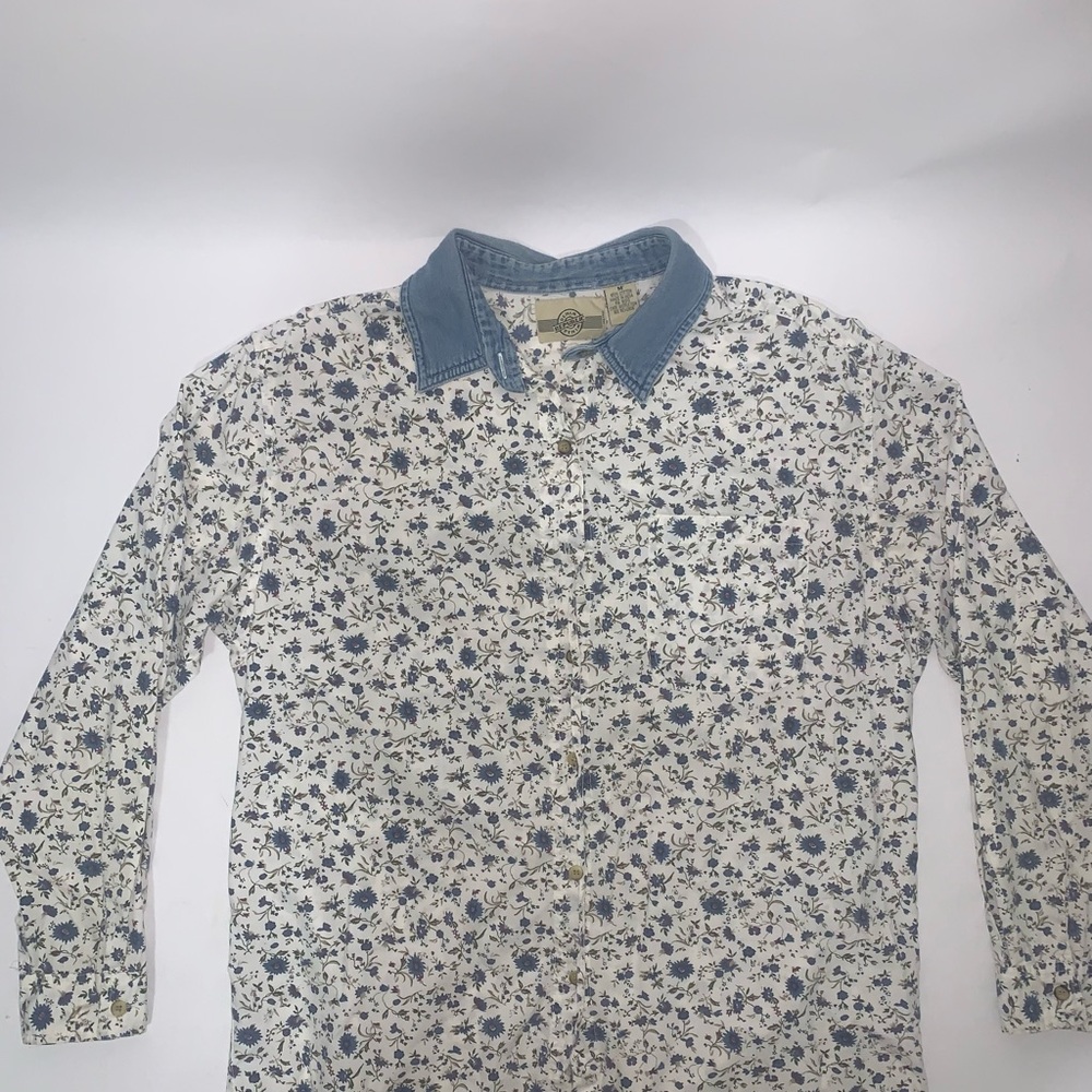 Denim Republic Floral Blue and White Casual Button Down Shirt M